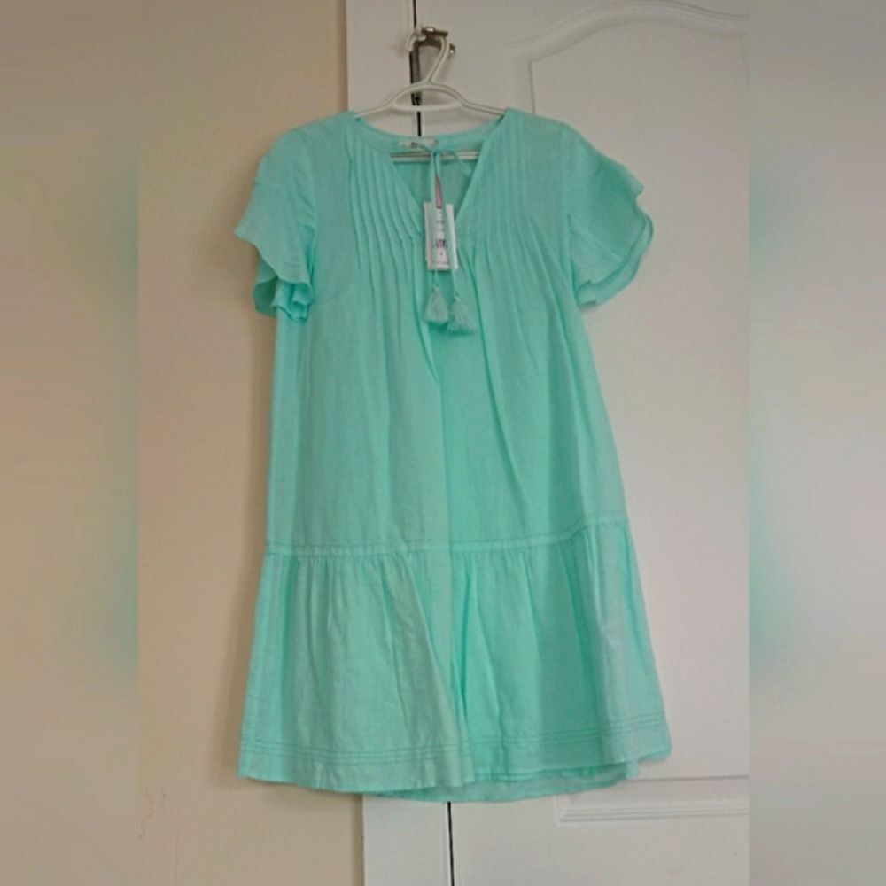 Vineyard Vines teal blue Flutter sleeve boho tassels dress